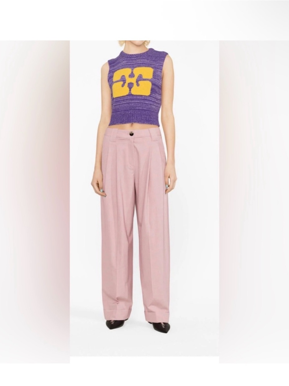 GANNI NWT Drapey Melange Loose Mid Waist Pleated Wide Leg Pants